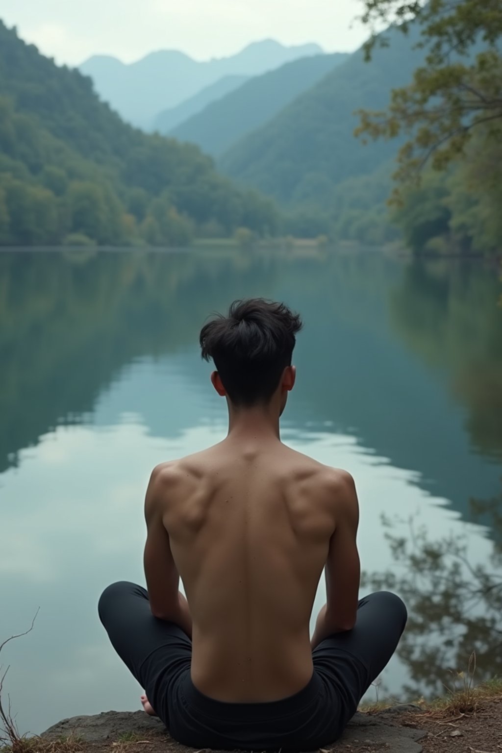 man in deep contemplation, sitting by a tranquil lake