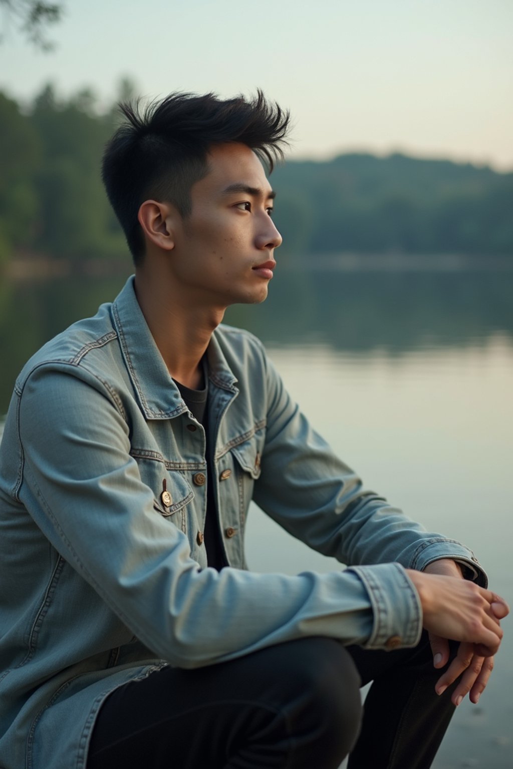 man in deep contemplation, sitting by a tranquil lake