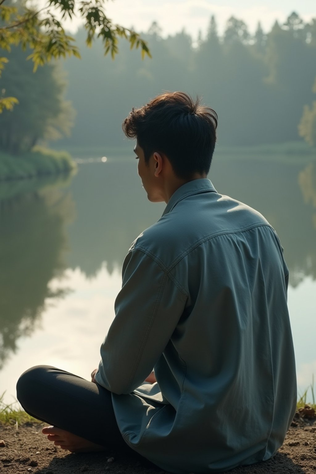 man in deep contemplation, sitting by a tranquil lake