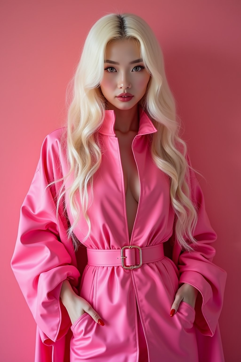 full body shot of sexy woman dressed up in full hot pink with Barbie clothes platinum blonde hair, hot pink style