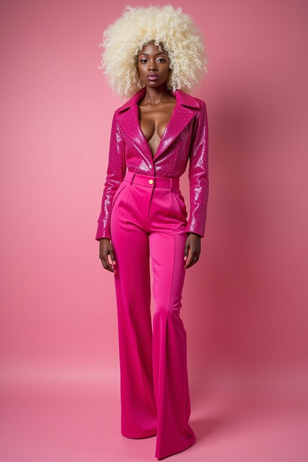 full body shot of sexy woman dressed up in full hot pink with Barbie clothes platinum blonde hair, hot pink style