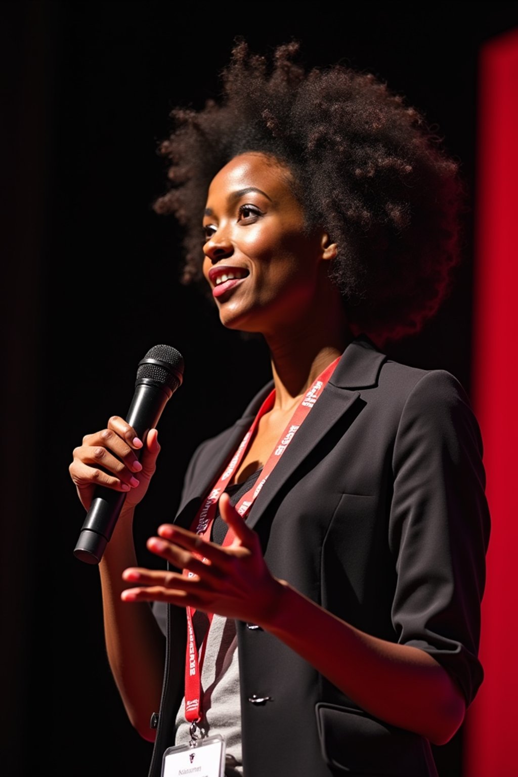 TedX speaker woman holding microphone with lanyard around his neck