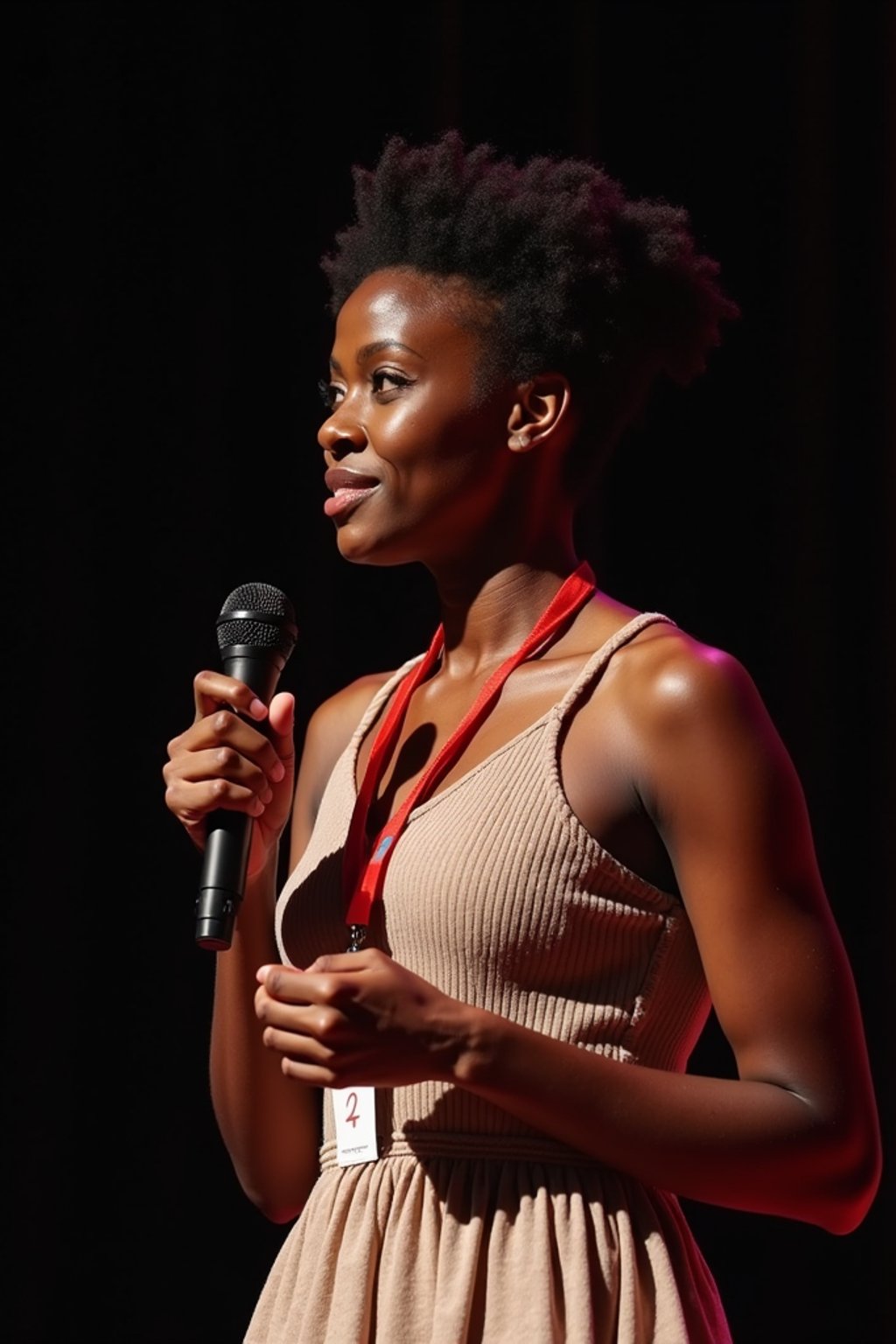 TedX speaker woman holding microphone with lanyard around his neck