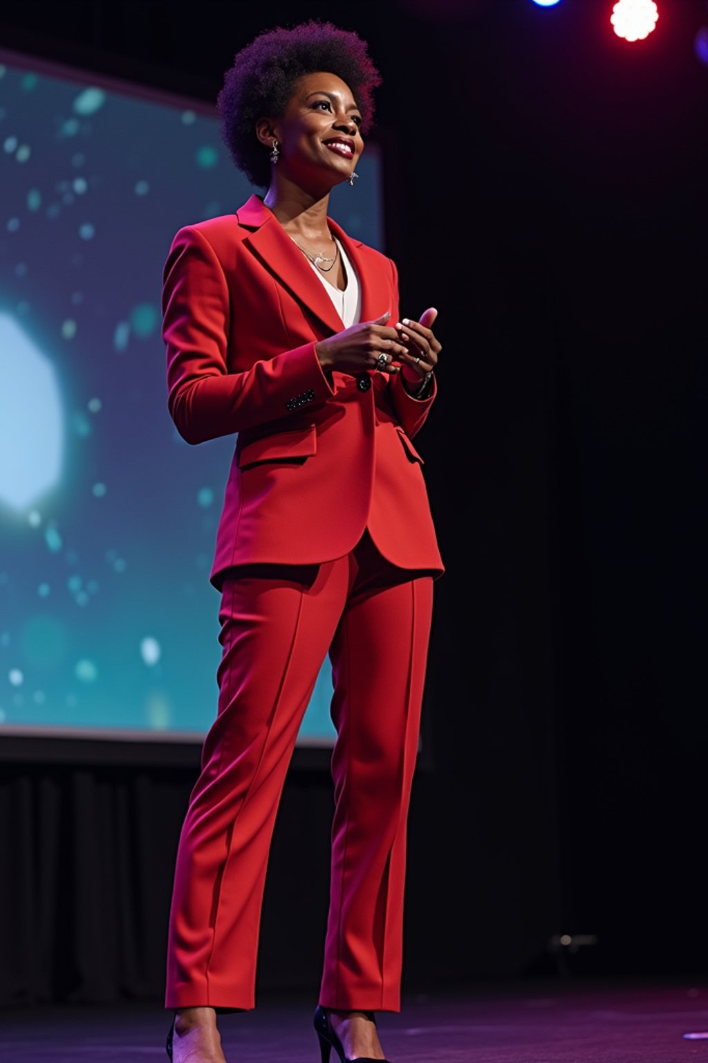 woman as a conference keynote speaker standing on stage at a conference