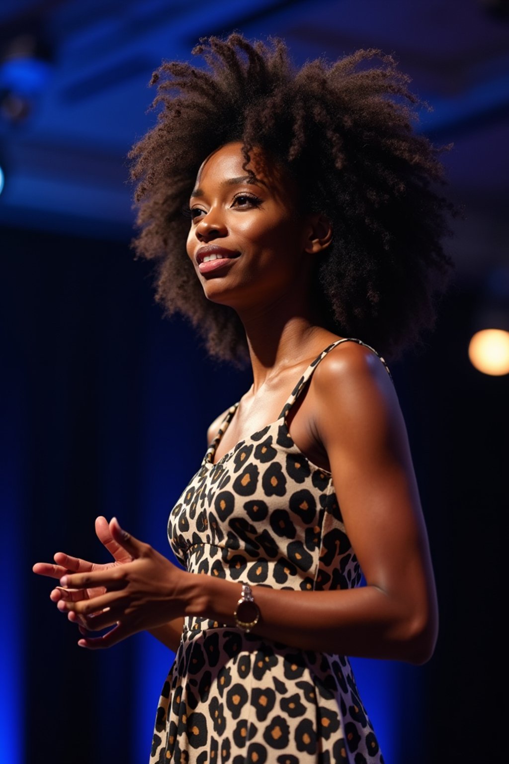 woman as a conference keynote speaker standing on stage at a conference