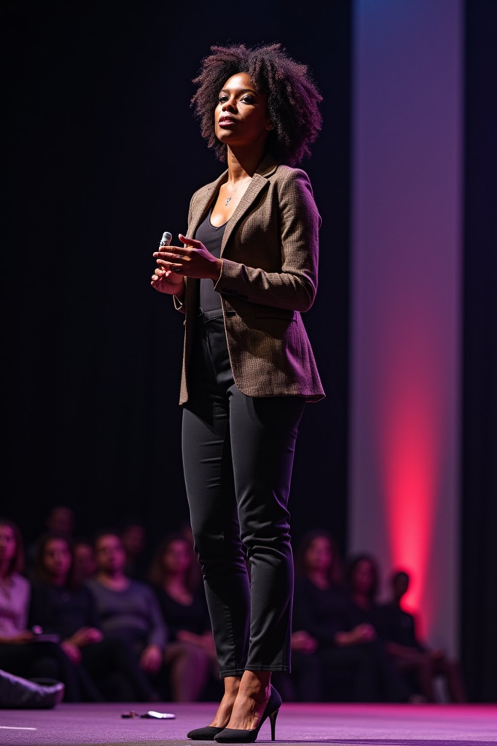 woman as a conference keynote speaker standing on stage at a conference