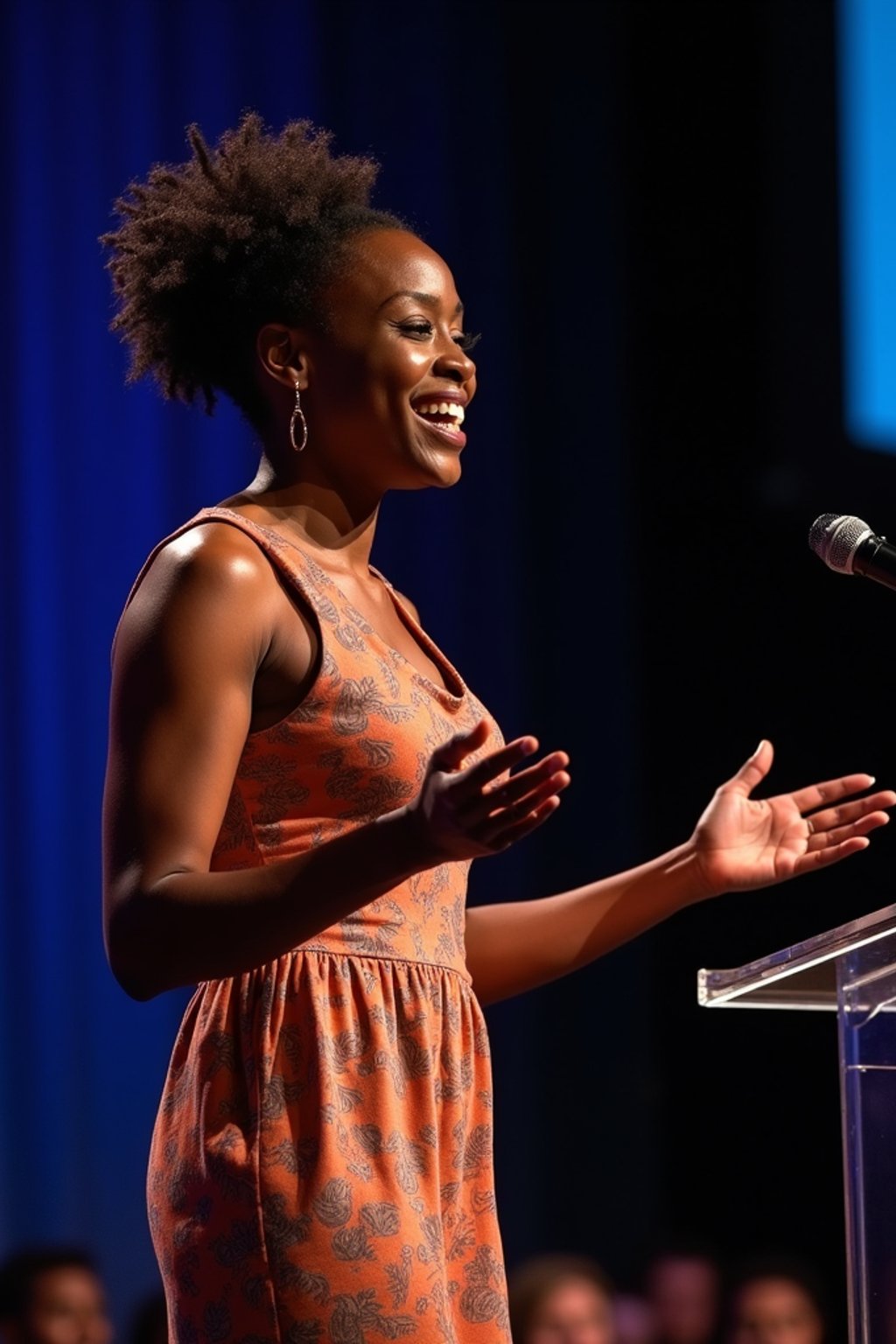 woman as a conference keynote speaker standing on stage at a conference