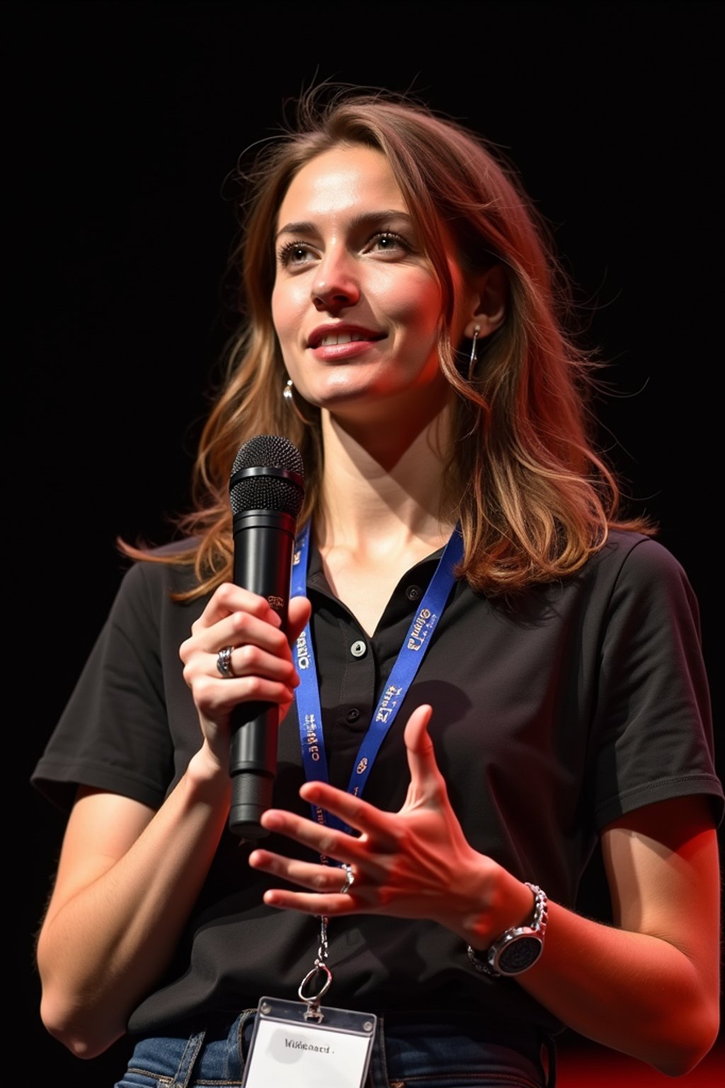 TedX speaker woman holding microphone with lanyard around his neck