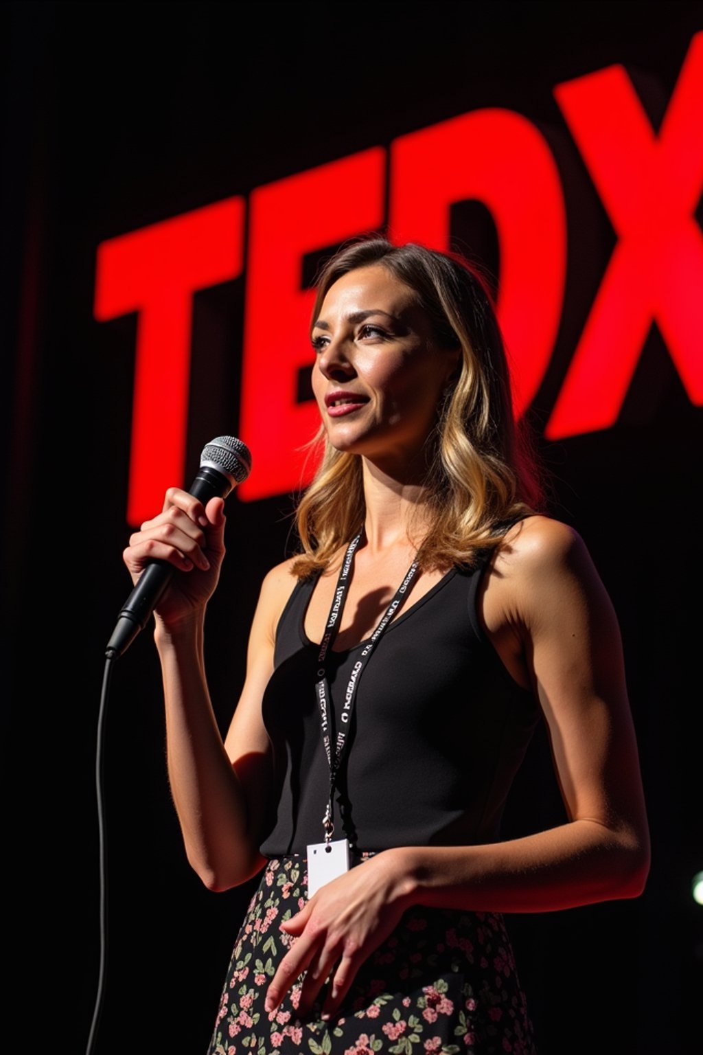 TedX speaker woman holding microphone with lanyard around his neck