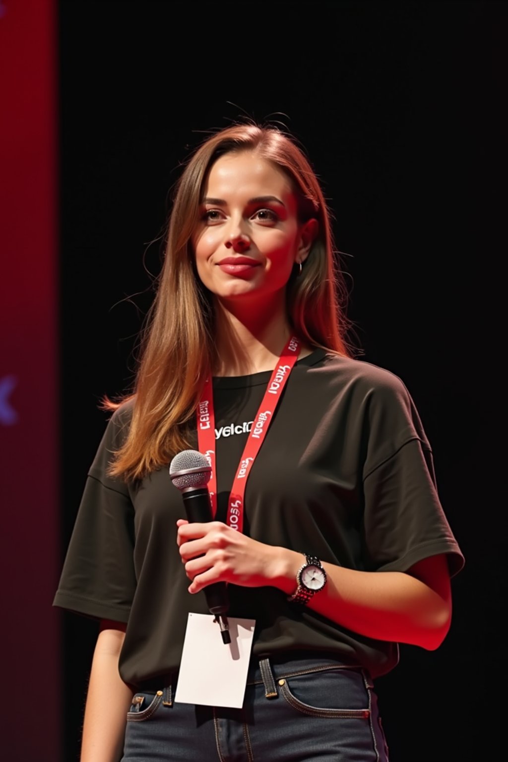 TedX speaker woman holding microphone with lanyard around his neck