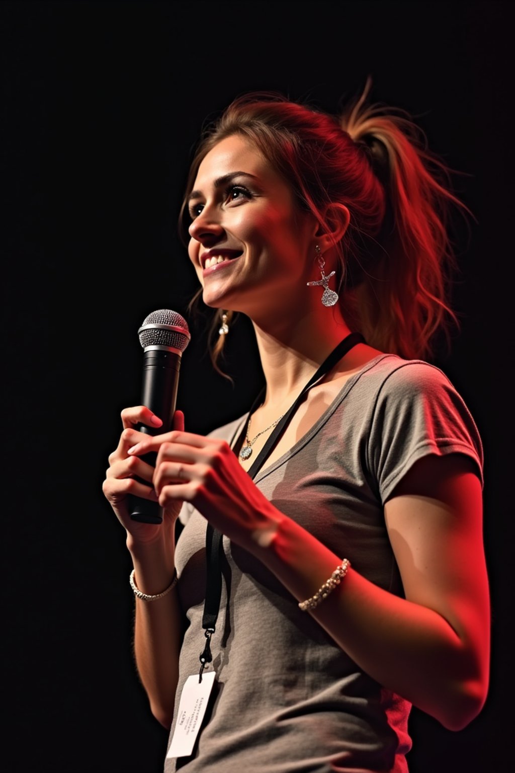 TedX speaker woman holding microphone with lanyard around his neck