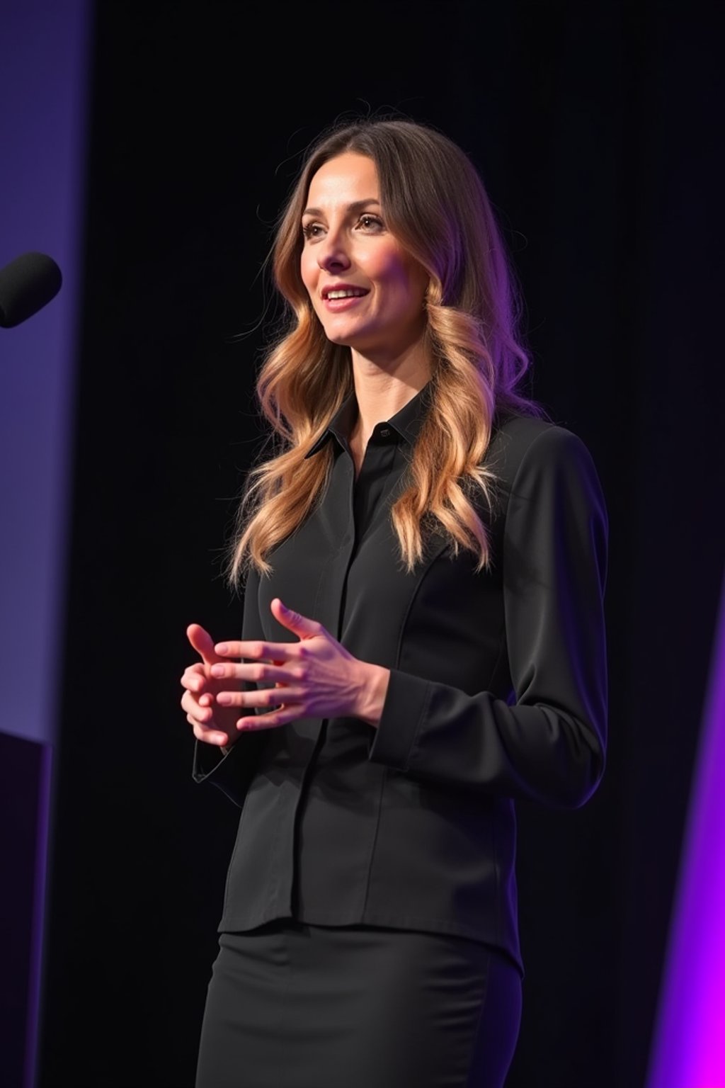 woman as a conference keynote speaker standing on stage at a conference