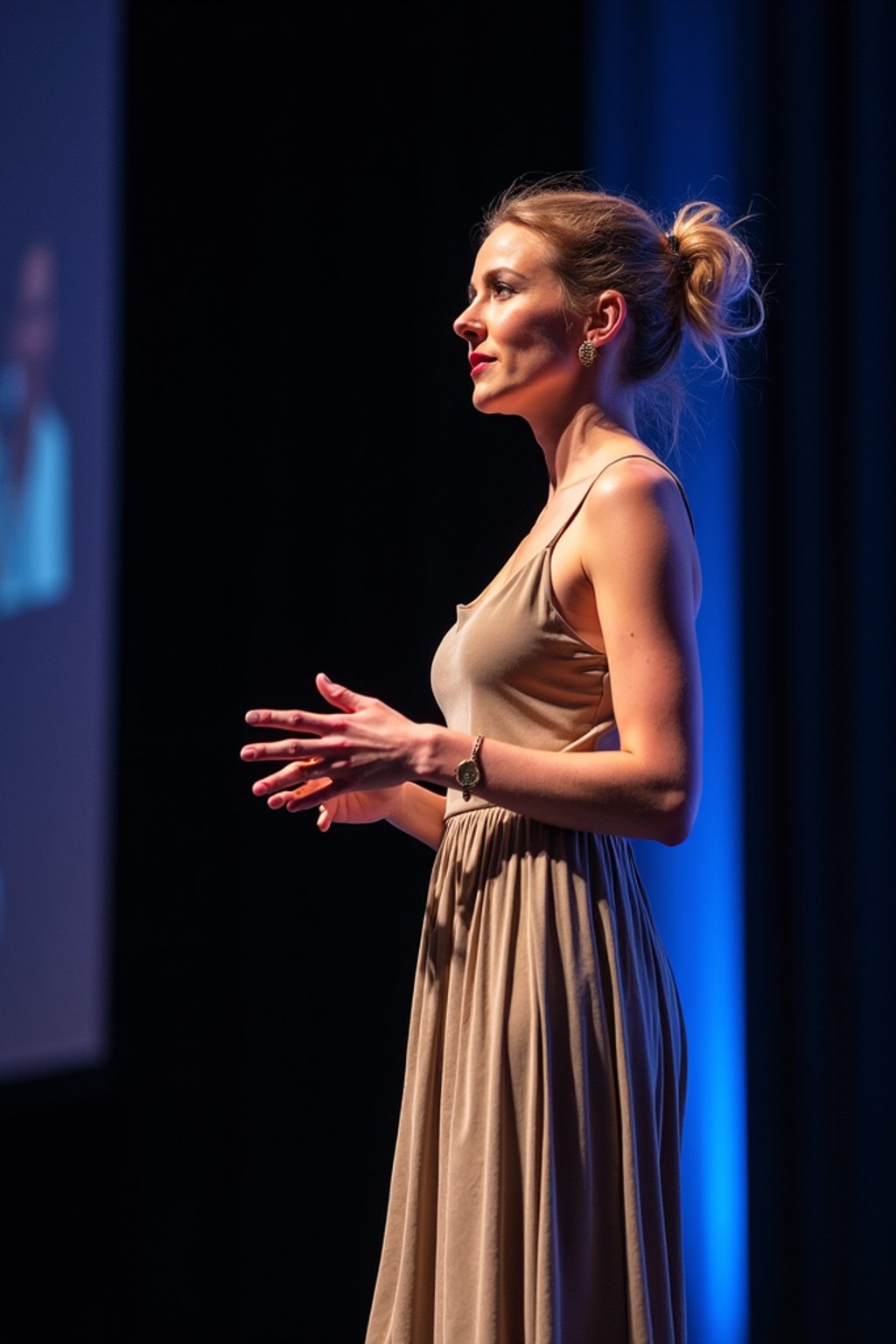 woman as a conference keynote speaker standing on stage at a conference