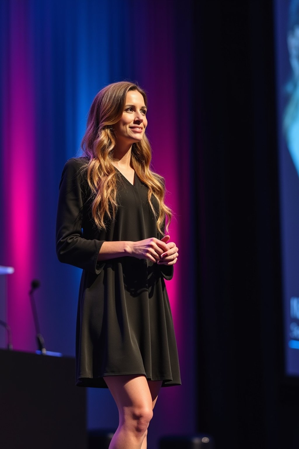 woman as a conference keynote speaker standing on stage at a conference