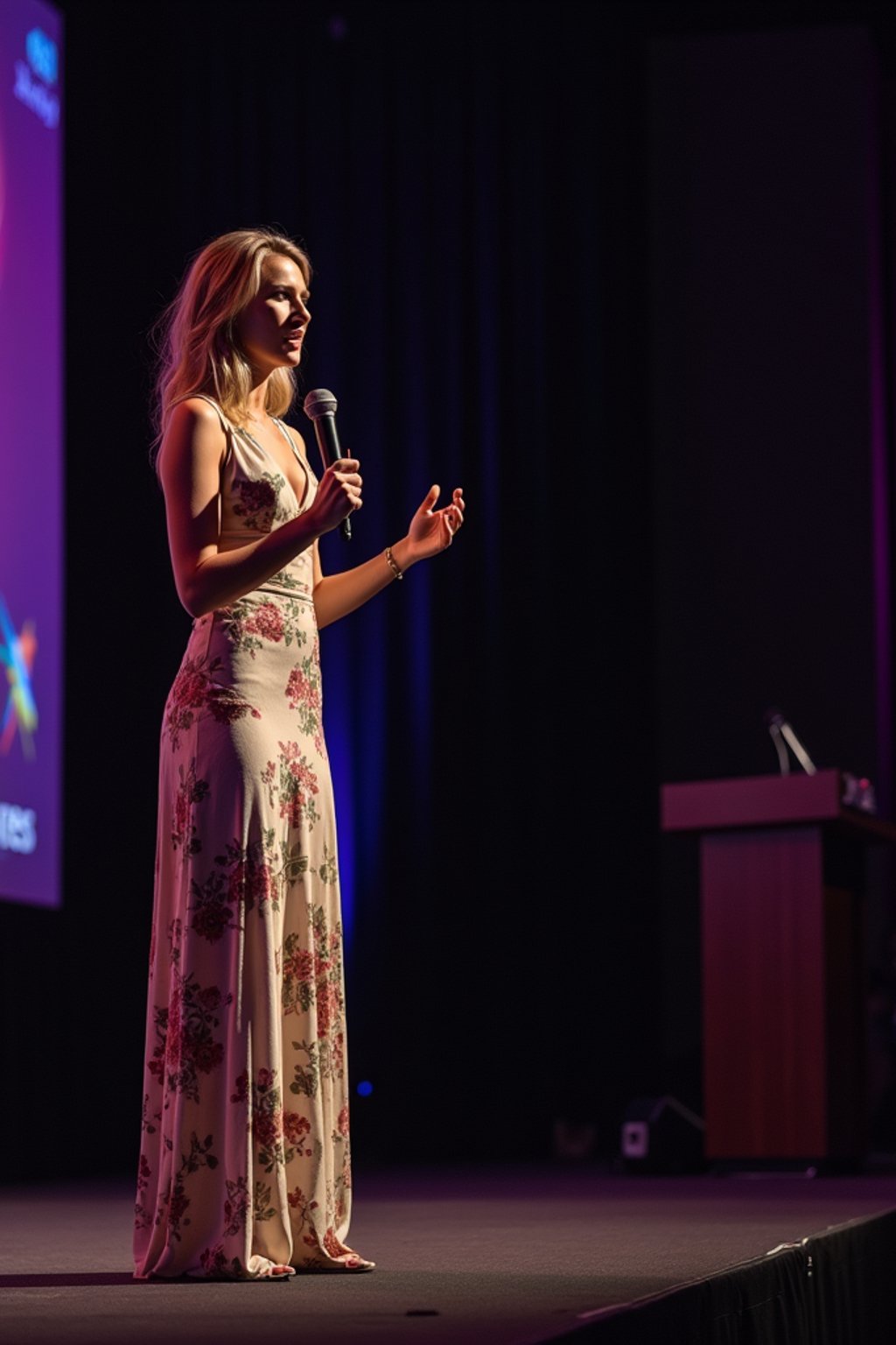 woman as a conference keynote speaker standing on stage at a conference