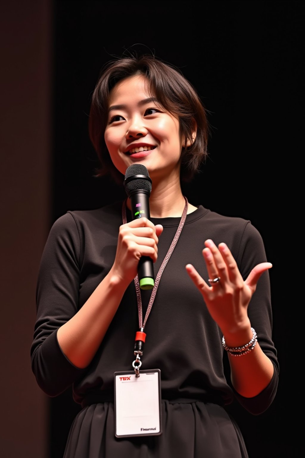 TedX speaker woman holding microphone with lanyard around his neck