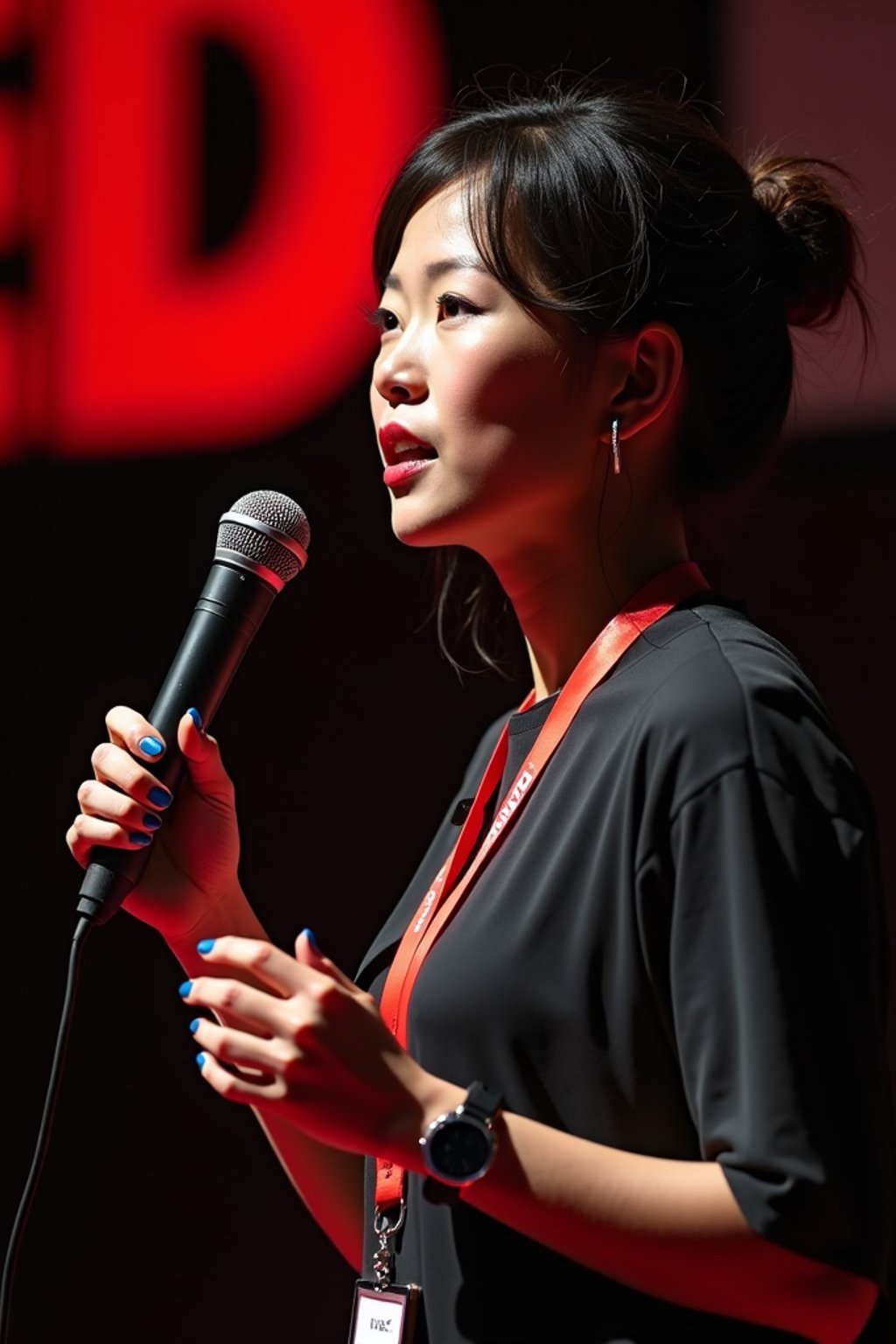 TedX speaker woman holding microphone with lanyard around his neck