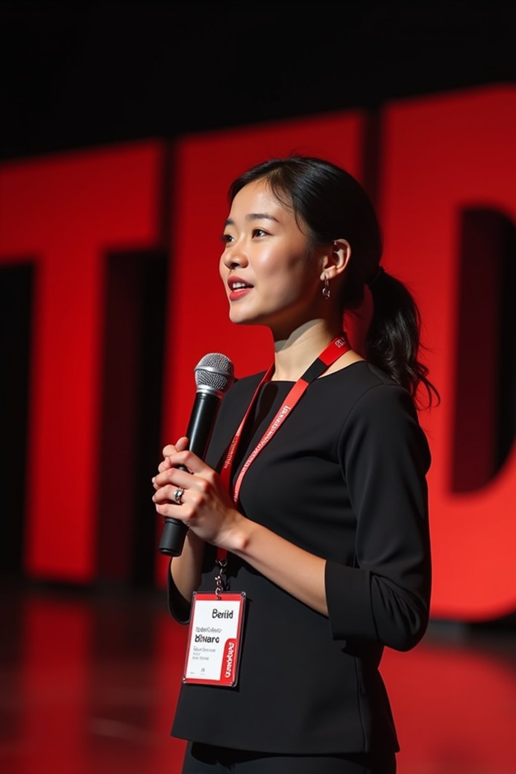 TedX speaker woman holding microphone with lanyard around his neck