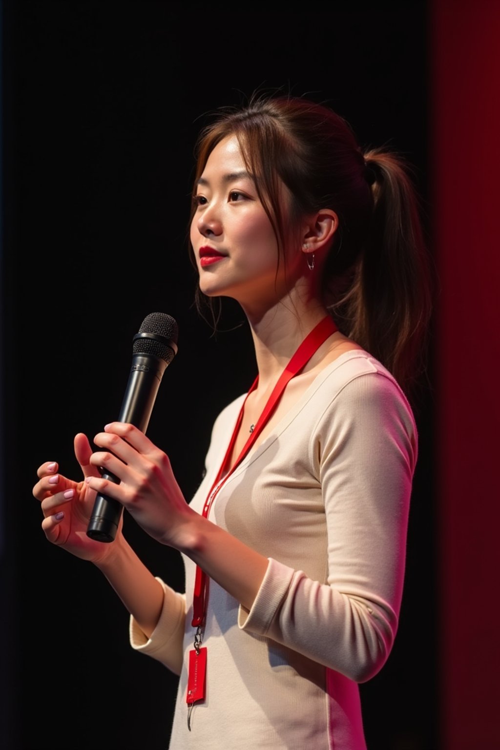 TedX speaker woman holding microphone with lanyard around his neck