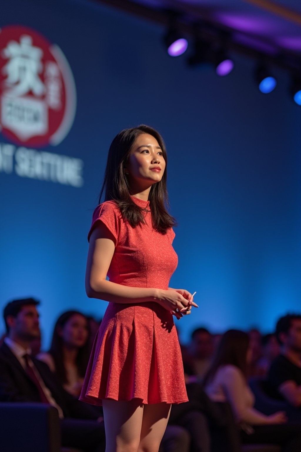 woman as a conference keynote speaker standing on stage at a conference