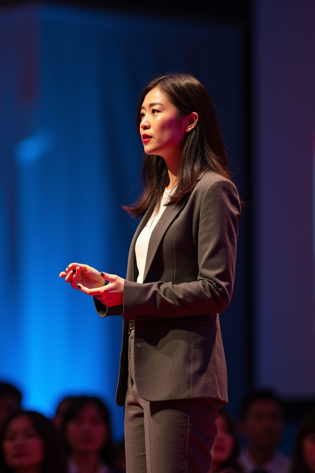 woman as a conference keynote speaker standing on stage at a conference