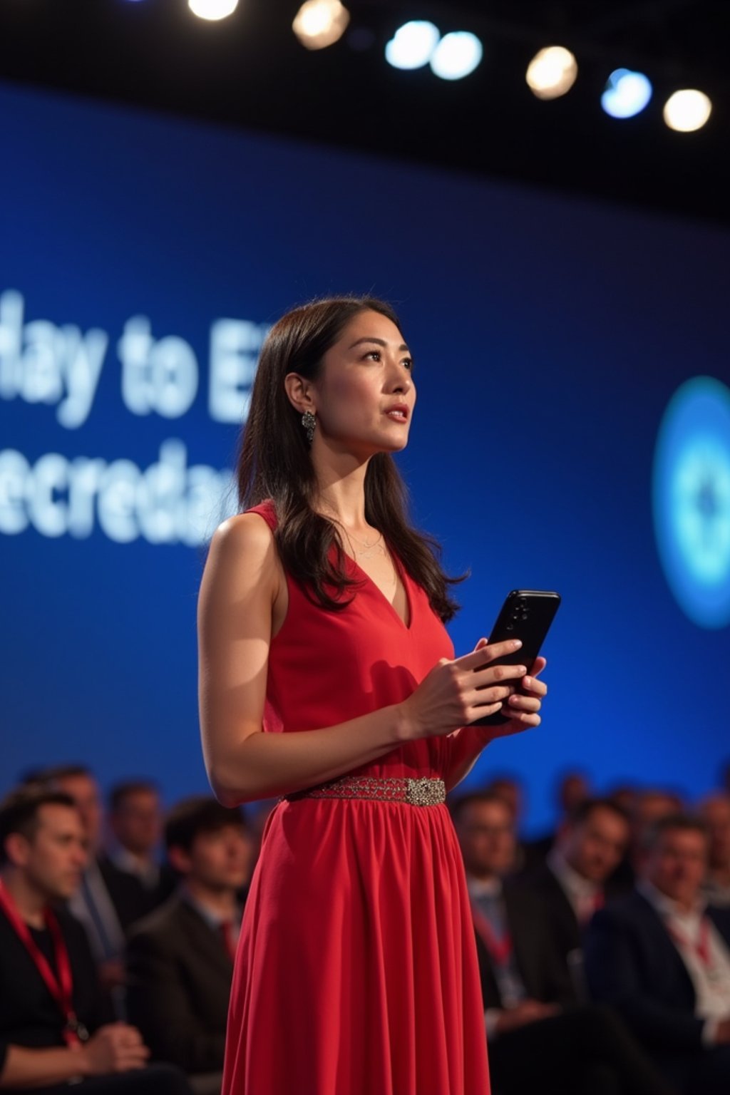 woman as a conference keynote speaker standing on stage at a conference