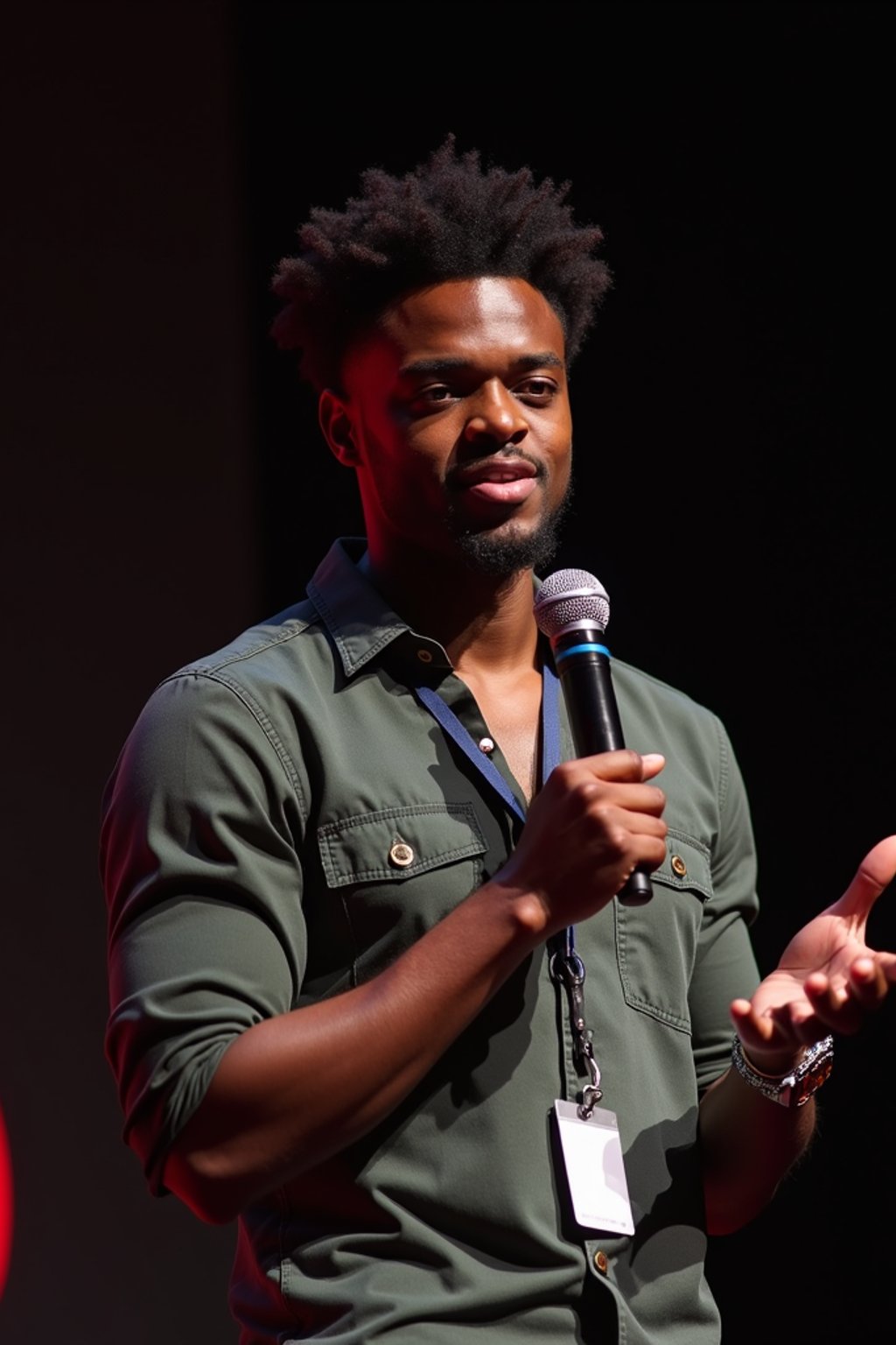 TedX speaker man holding microphone with lanyard around his neck