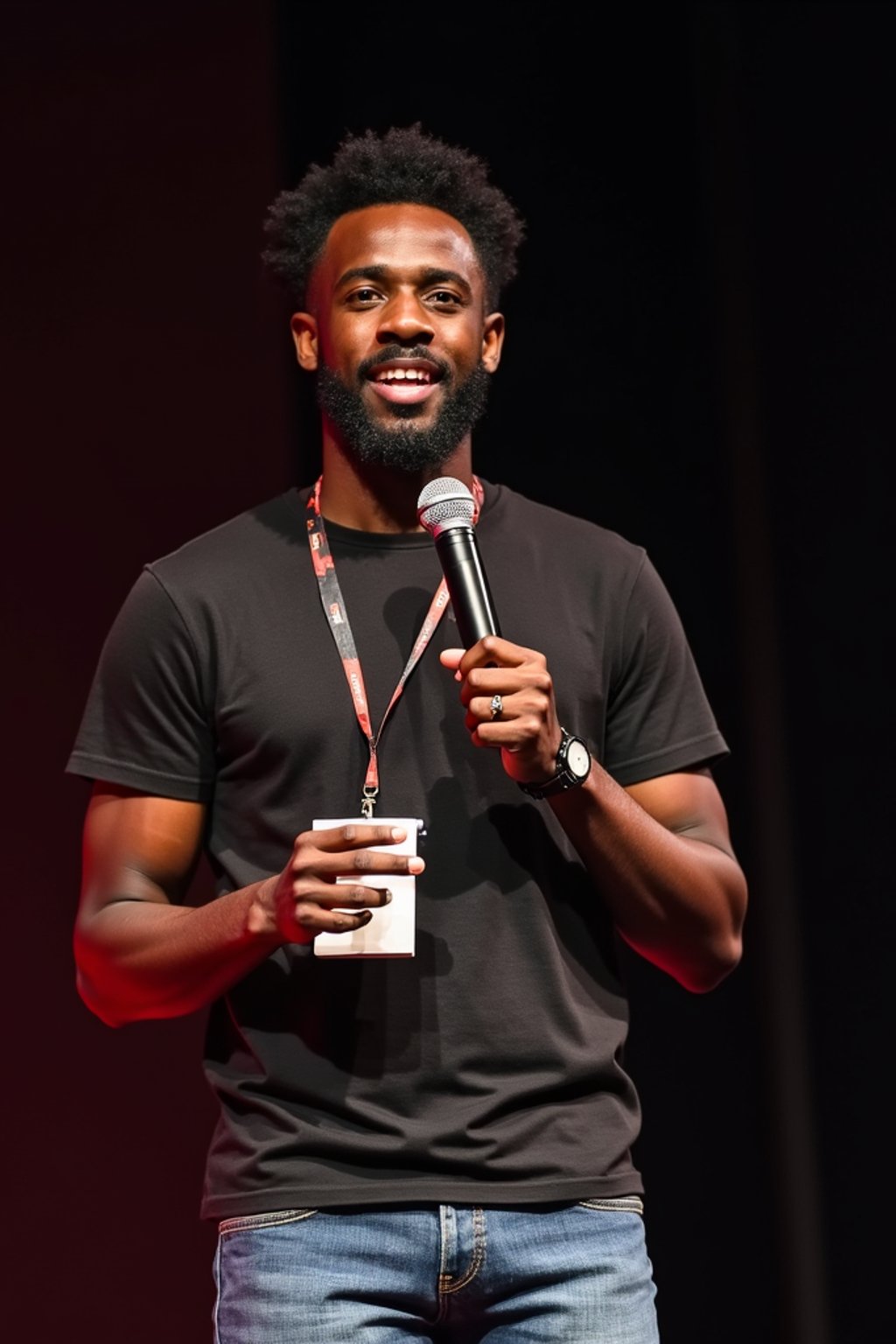 TedX speaker man holding microphone with lanyard around his neck