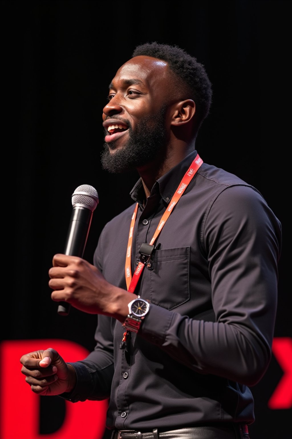 TedX speaker man holding microphone with lanyard around his neck