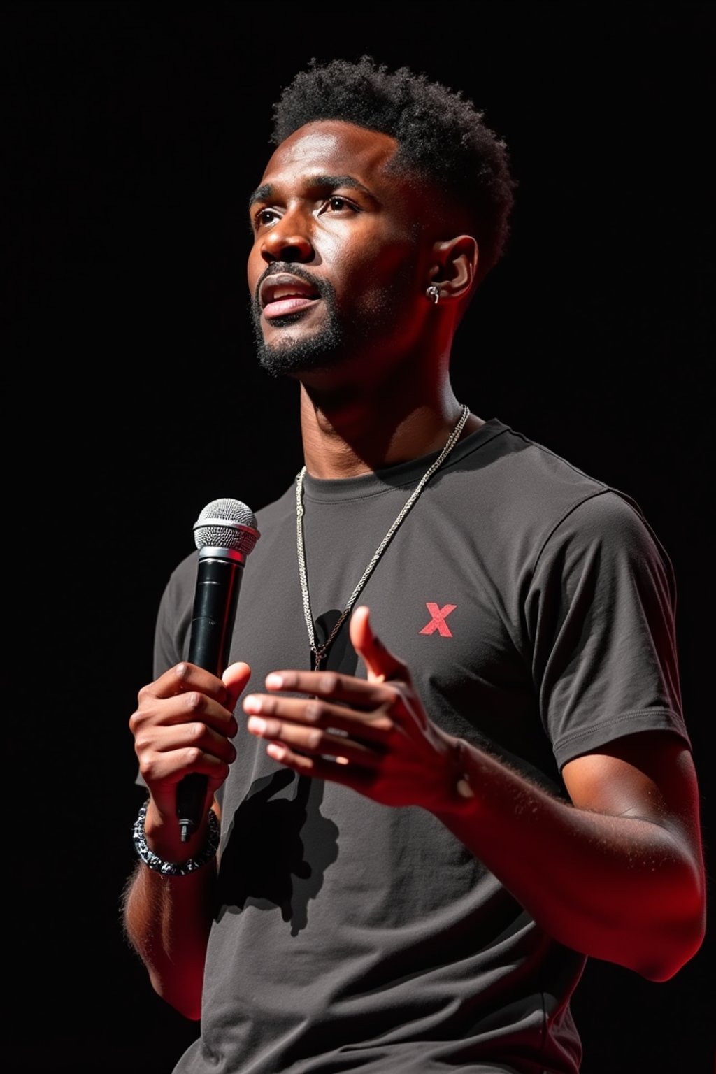 TedX speaker man holding microphone with lanyard around his neck