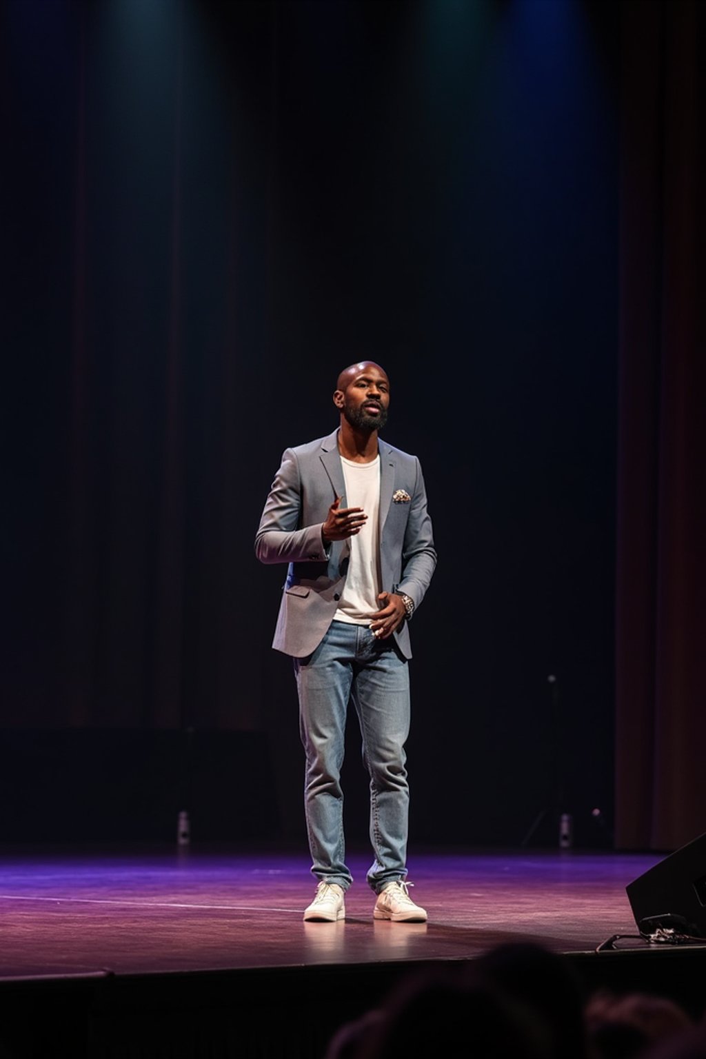 man as a conference keynote speaker standing on stage at a conference