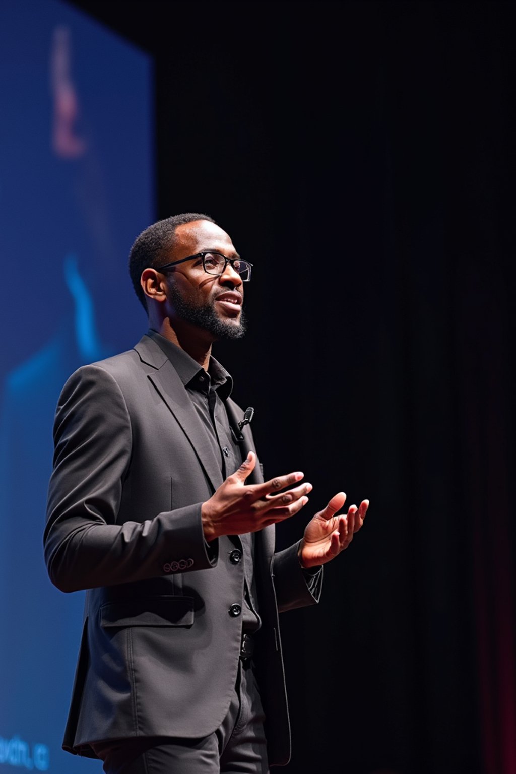 man as a conference keynote speaker standing on stage at a conference