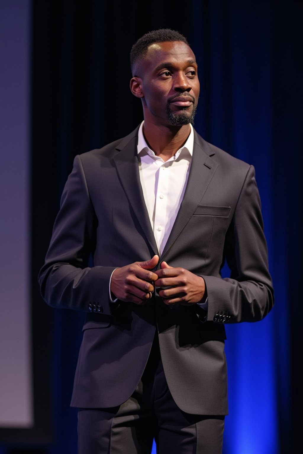 man as a conference keynote speaker standing on stage at a conference