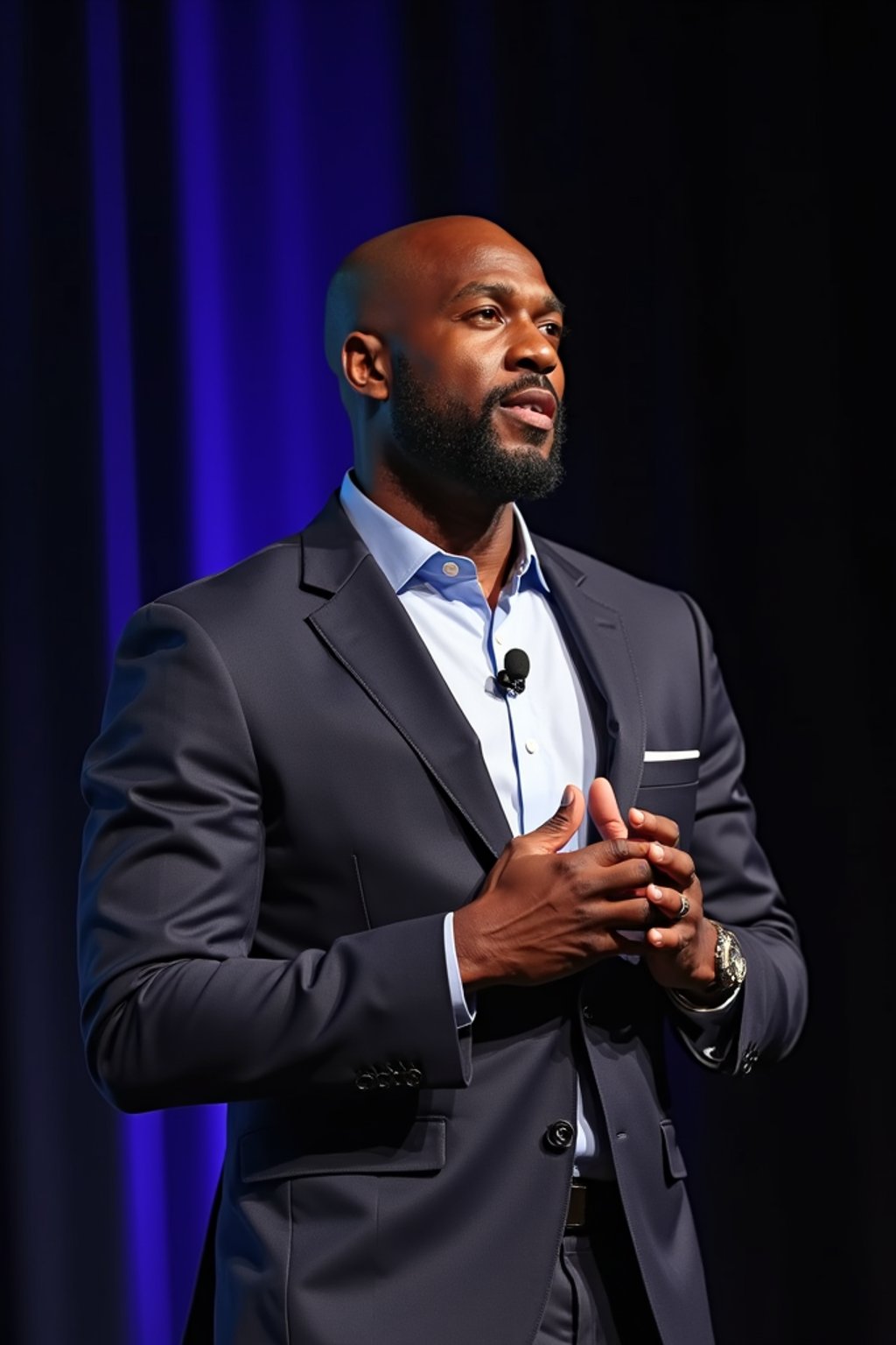 man as a conference keynote speaker standing on stage at a conference