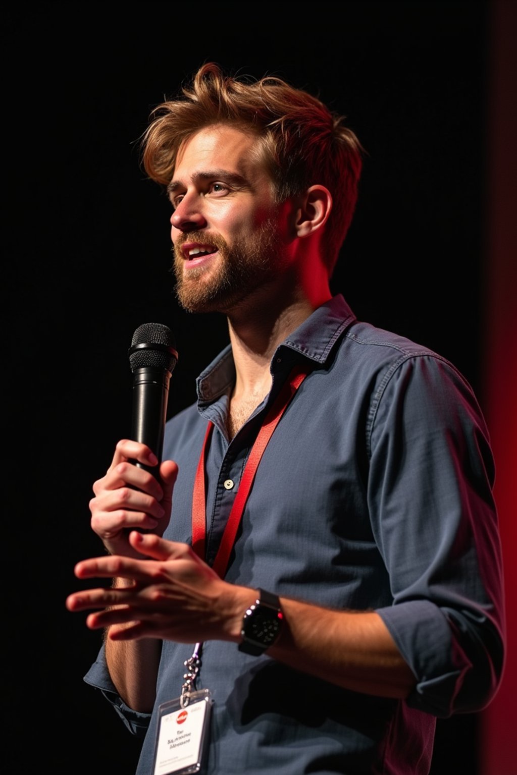 TedX speaker man holding microphone with lanyard around his neck