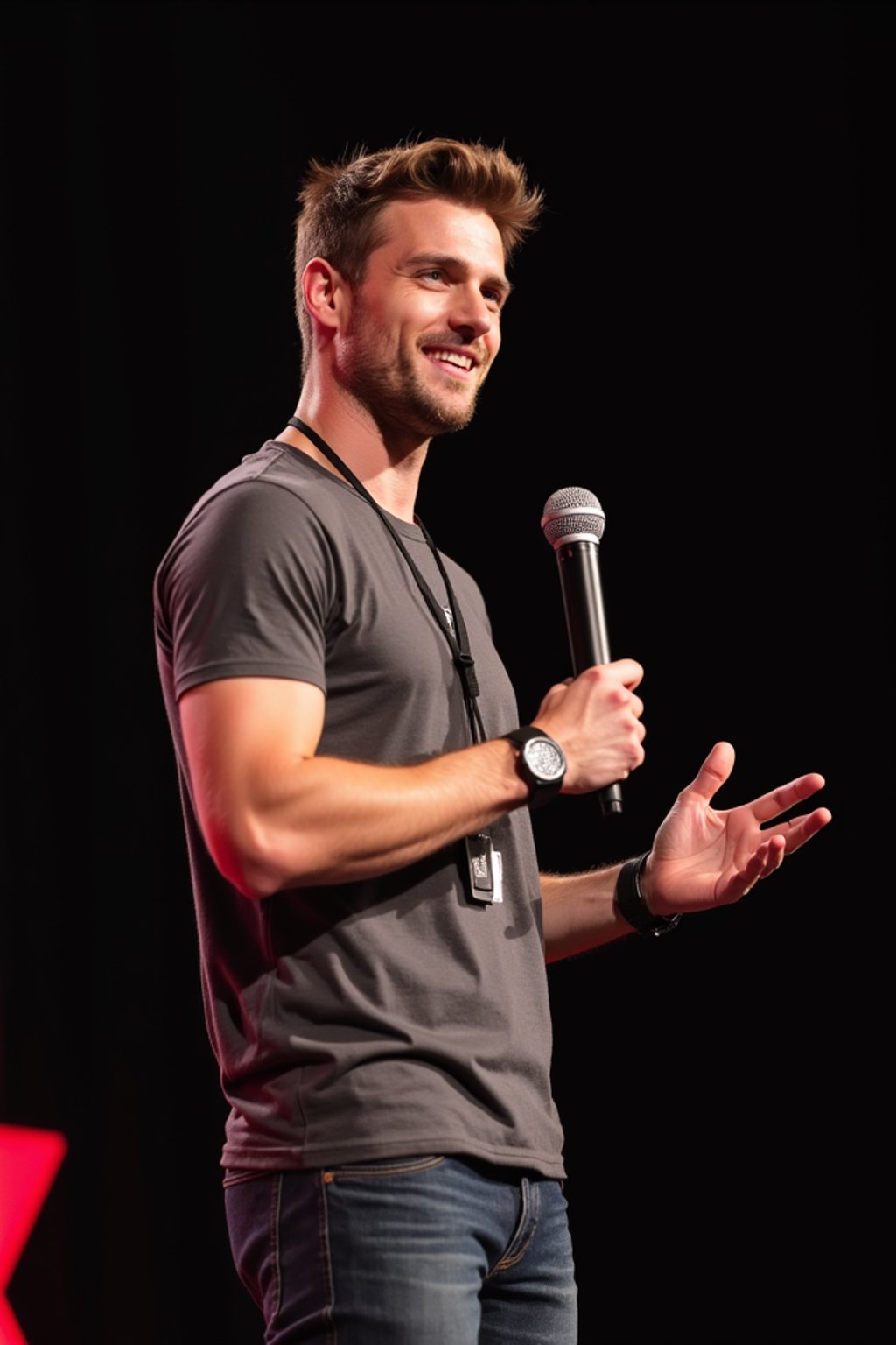 TedX speaker man holding microphone with lanyard around his neck