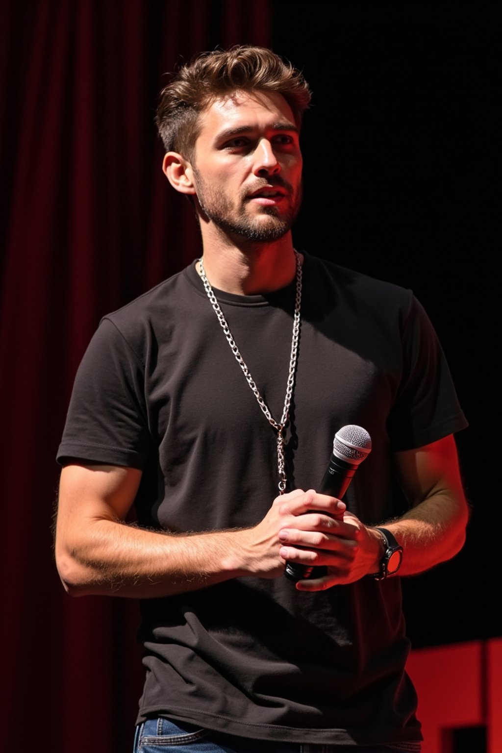 TedX speaker man holding microphone with lanyard around his neck