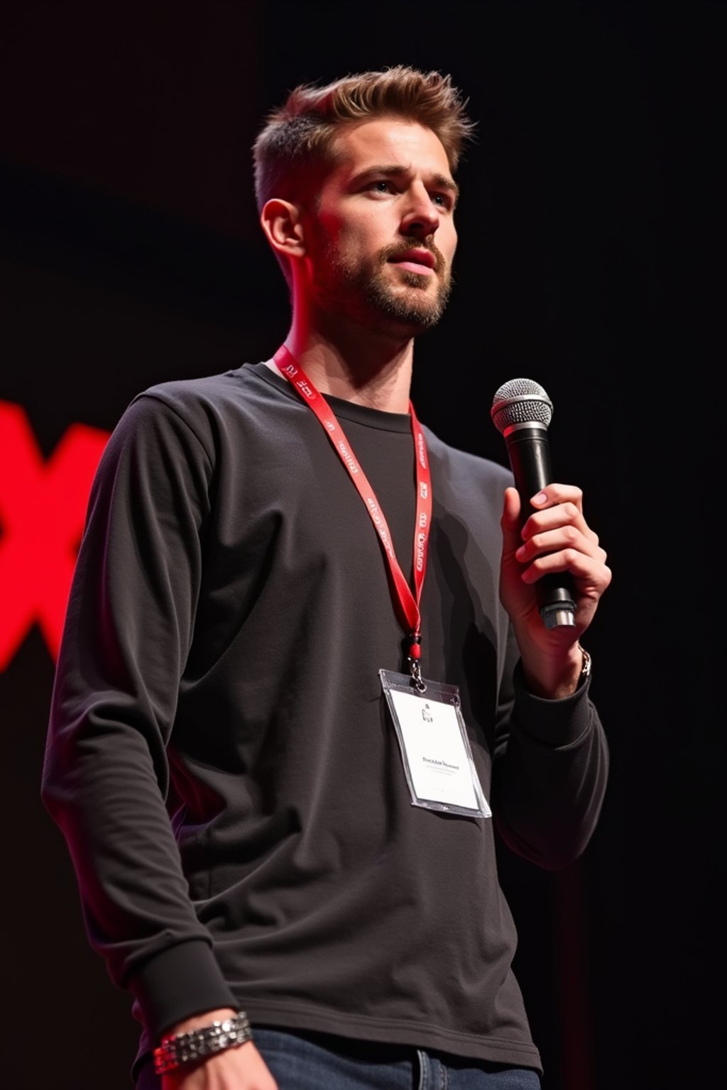 TedX speaker man holding microphone with lanyard around his neck