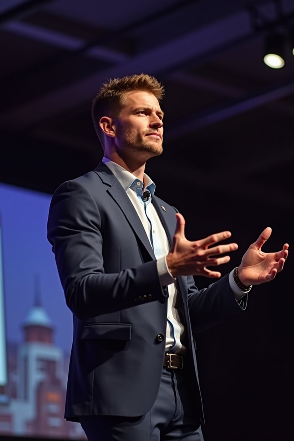 man as a conference keynote speaker standing on stage at a conference