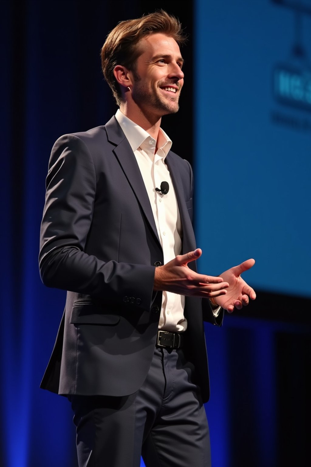 man as a conference keynote speaker standing on stage at a conference