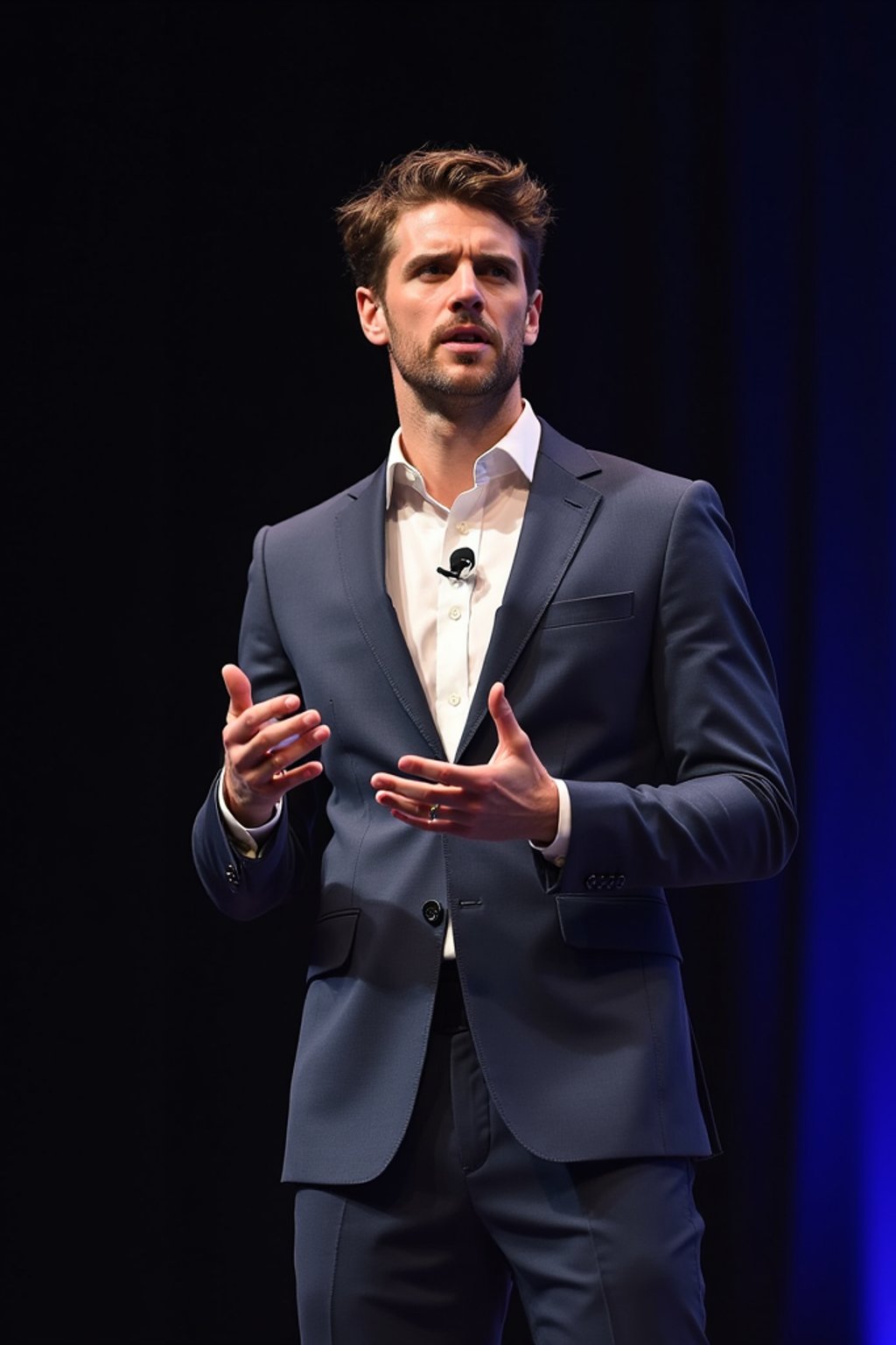 man as a conference keynote speaker standing on stage at a conference