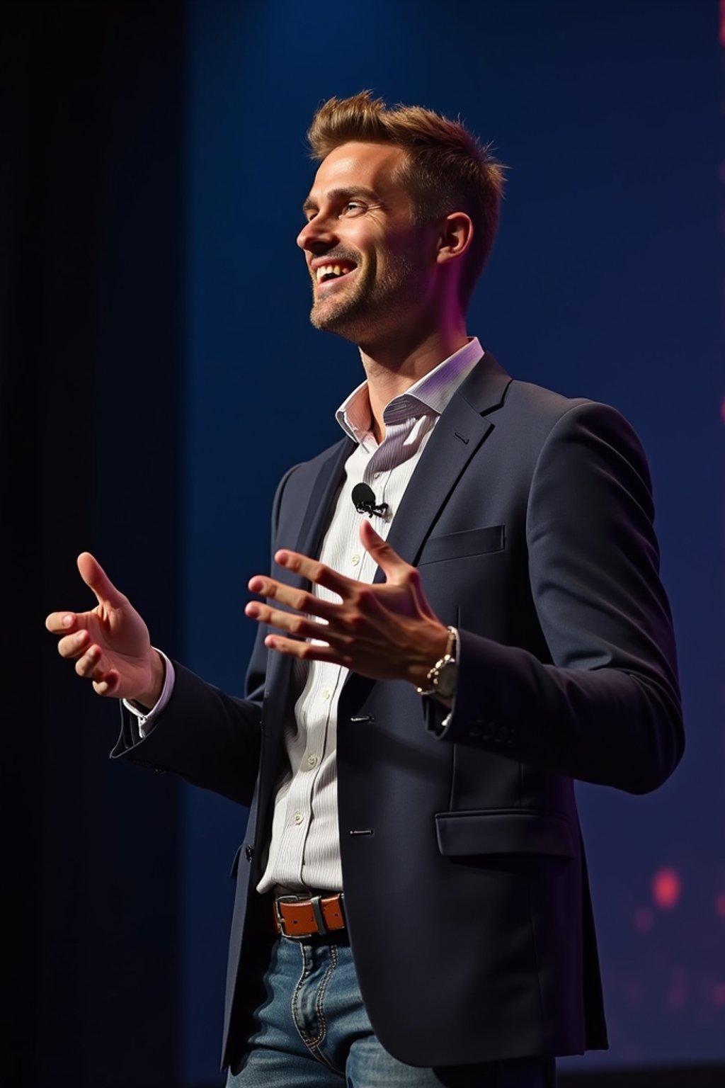 man as a conference keynote speaker standing on stage at a conference