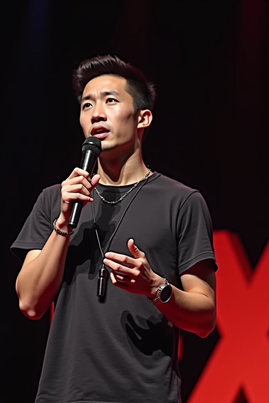 TedX speaker man holding microphone with lanyard around his neck