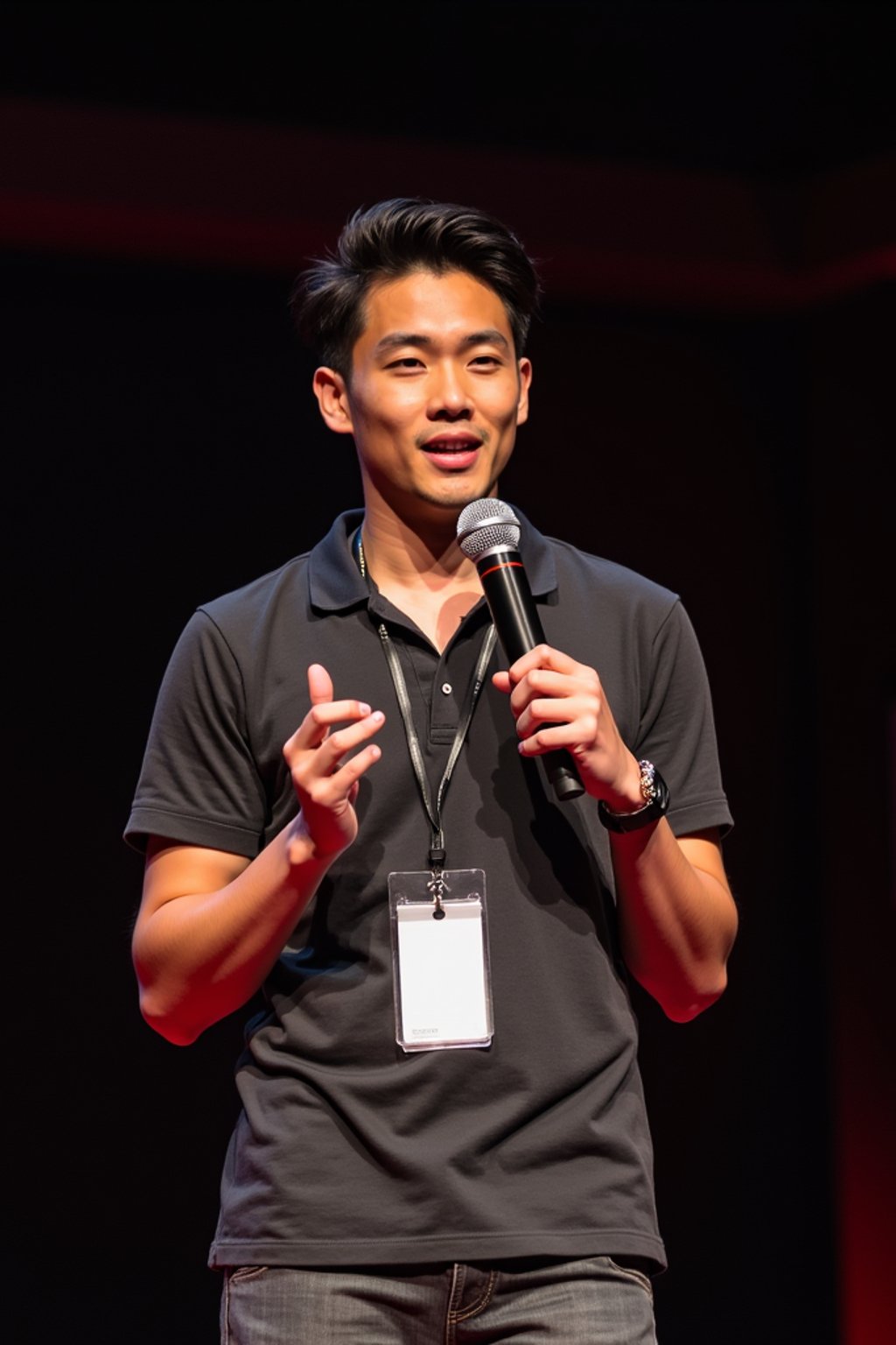 TedX speaker man holding microphone with lanyard around his neck