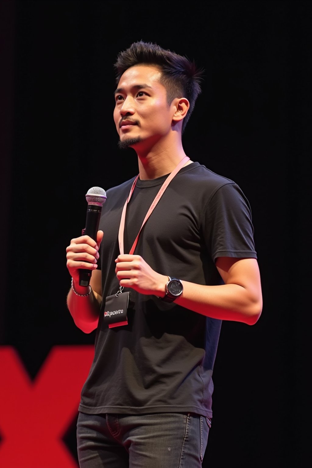 TedX speaker man holding microphone with lanyard around his neck