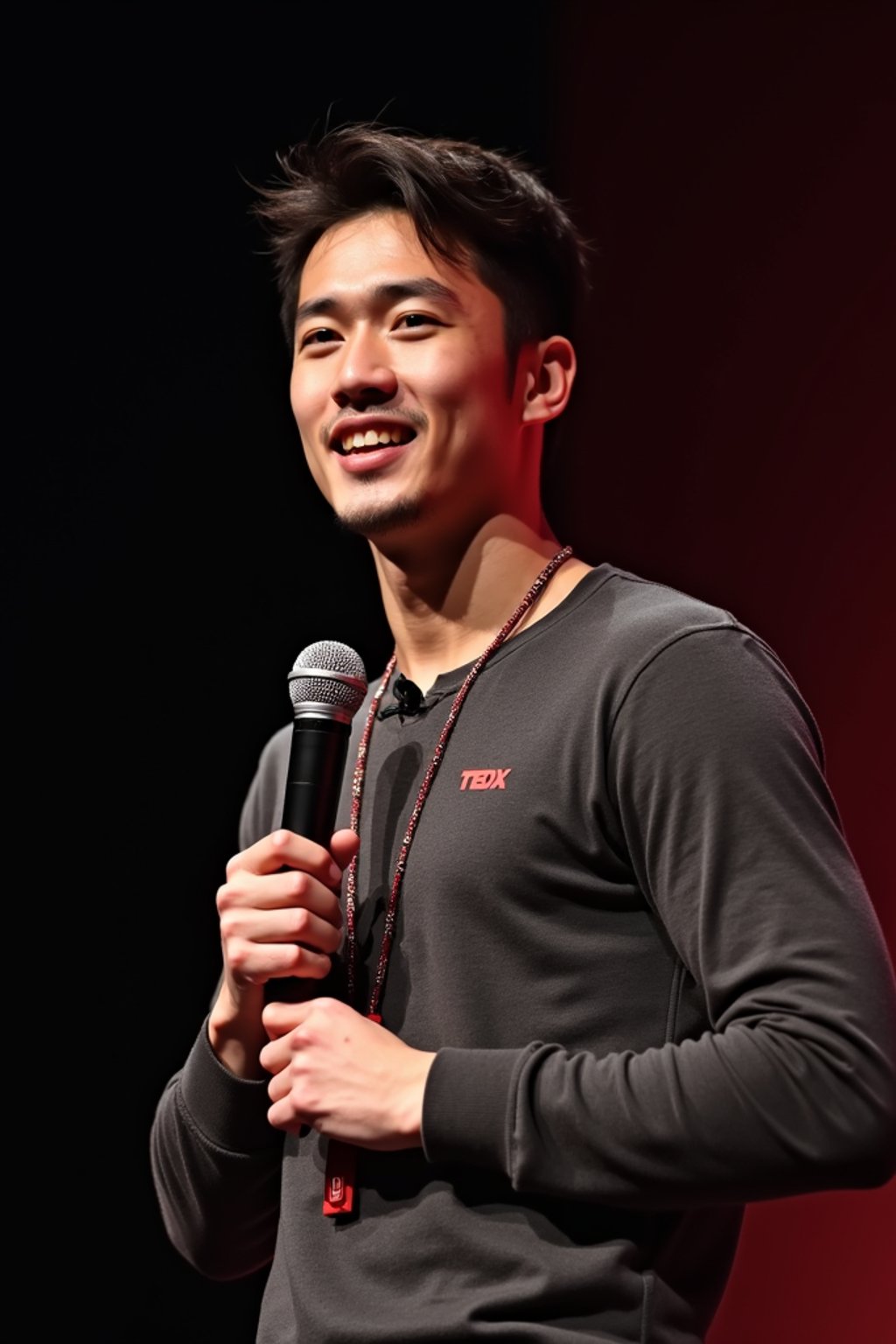 TedX speaker man holding microphone with lanyard around his neck