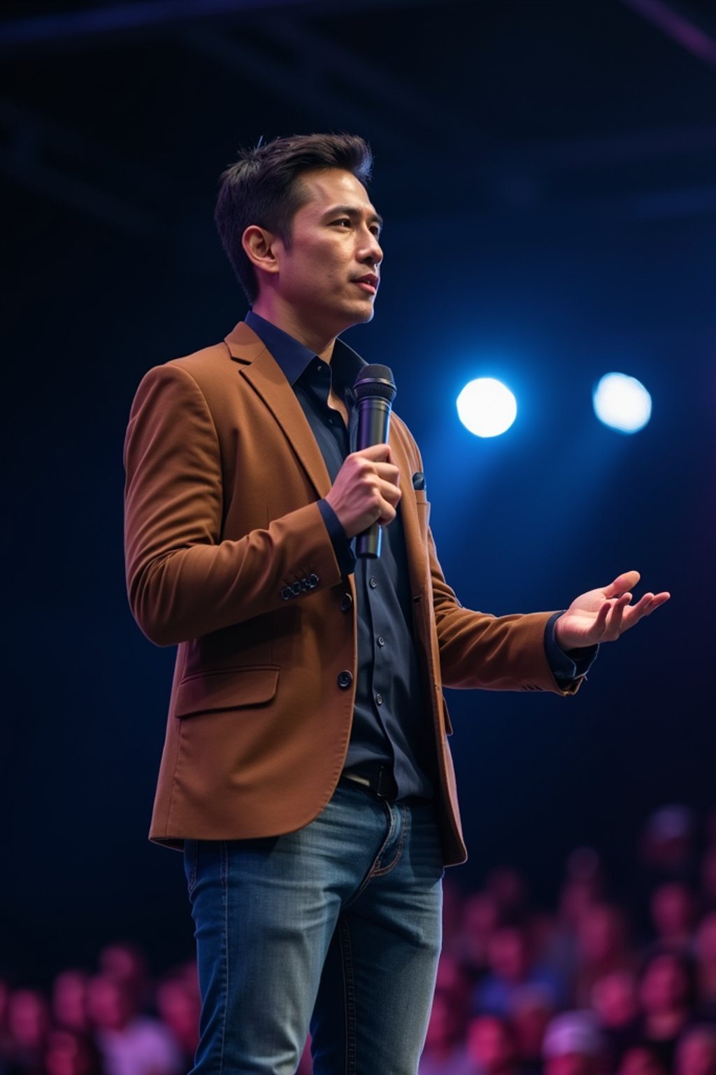 man as a conference keynote speaker standing on stage at a conference