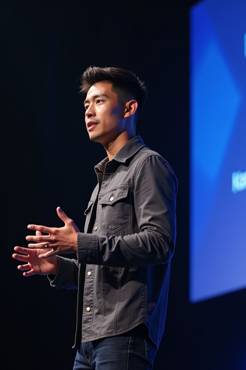 man as a conference keynote speaker standing on stage at a conference