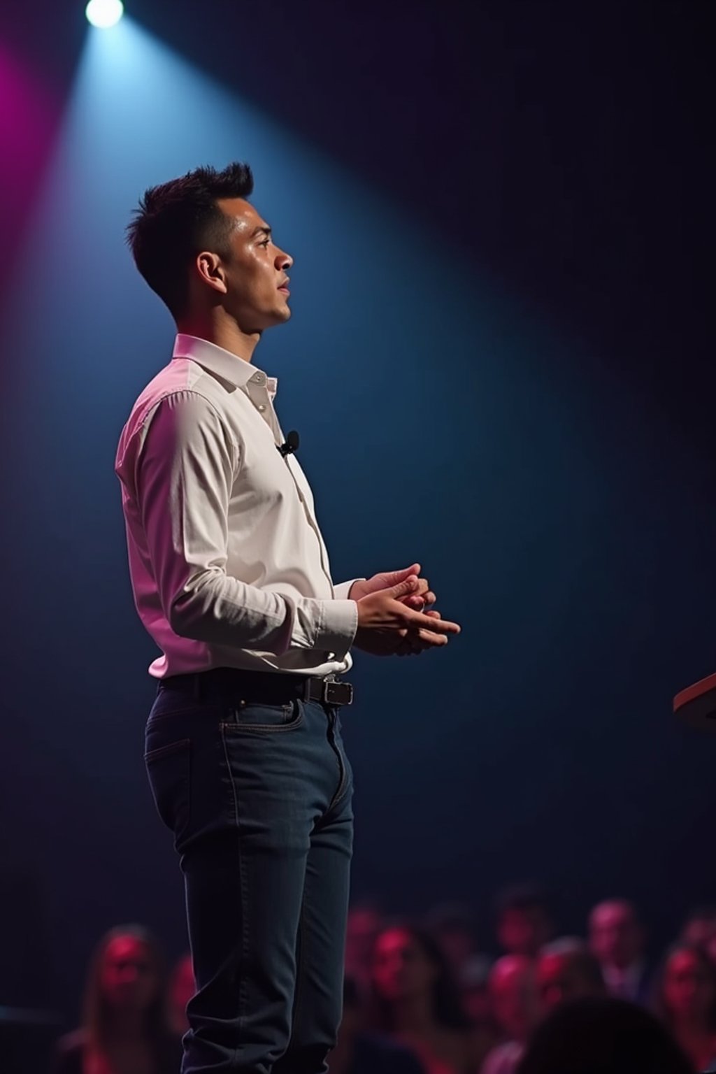 man as a conference keynote speaker standing on stage at a conference