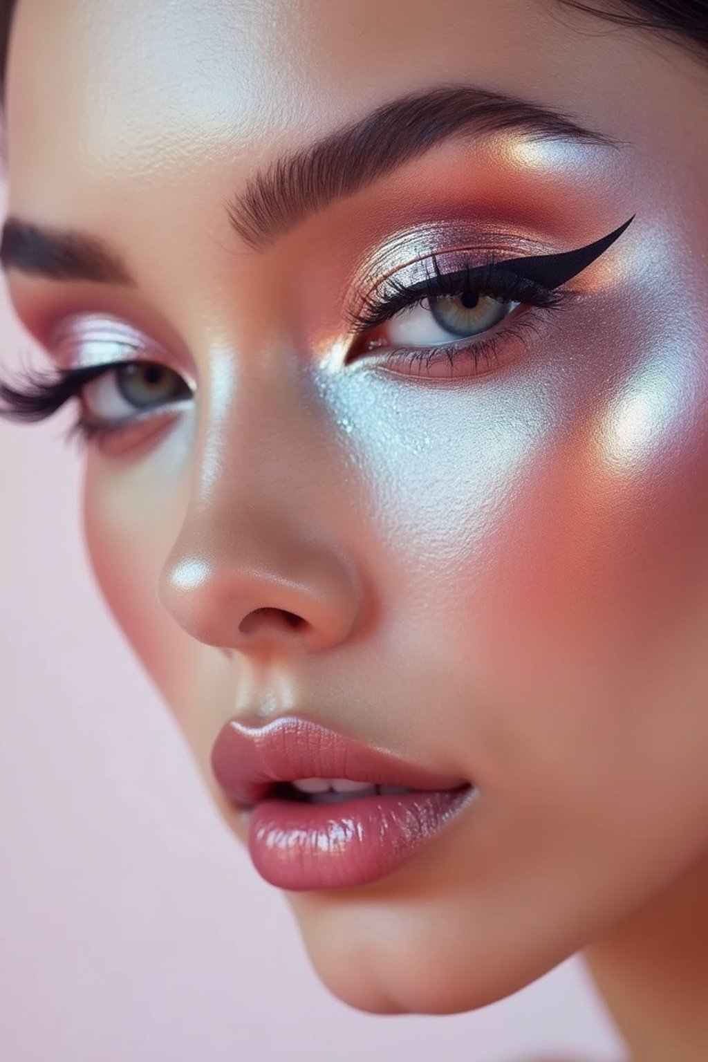 close-up of Futuristic makeup with metallic eyeshadow and sharp contouring. set against a soft, pastel background